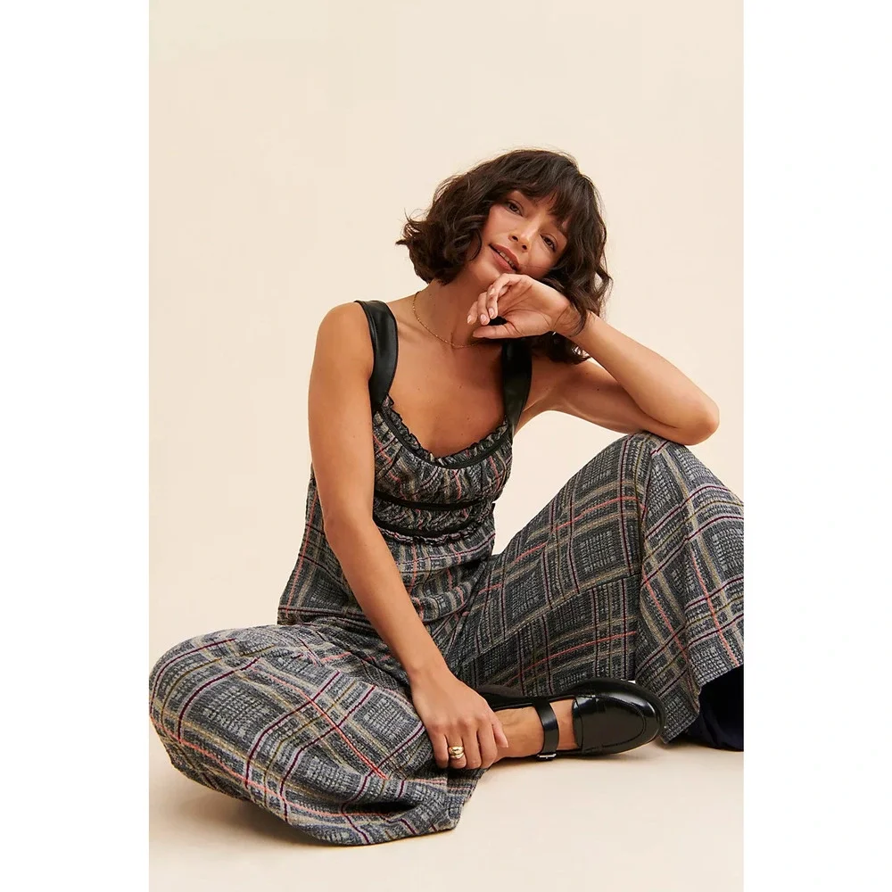 New Free People Marley Plaid One-Piece Wide Leg Jumpsuit $188 X-SMALL